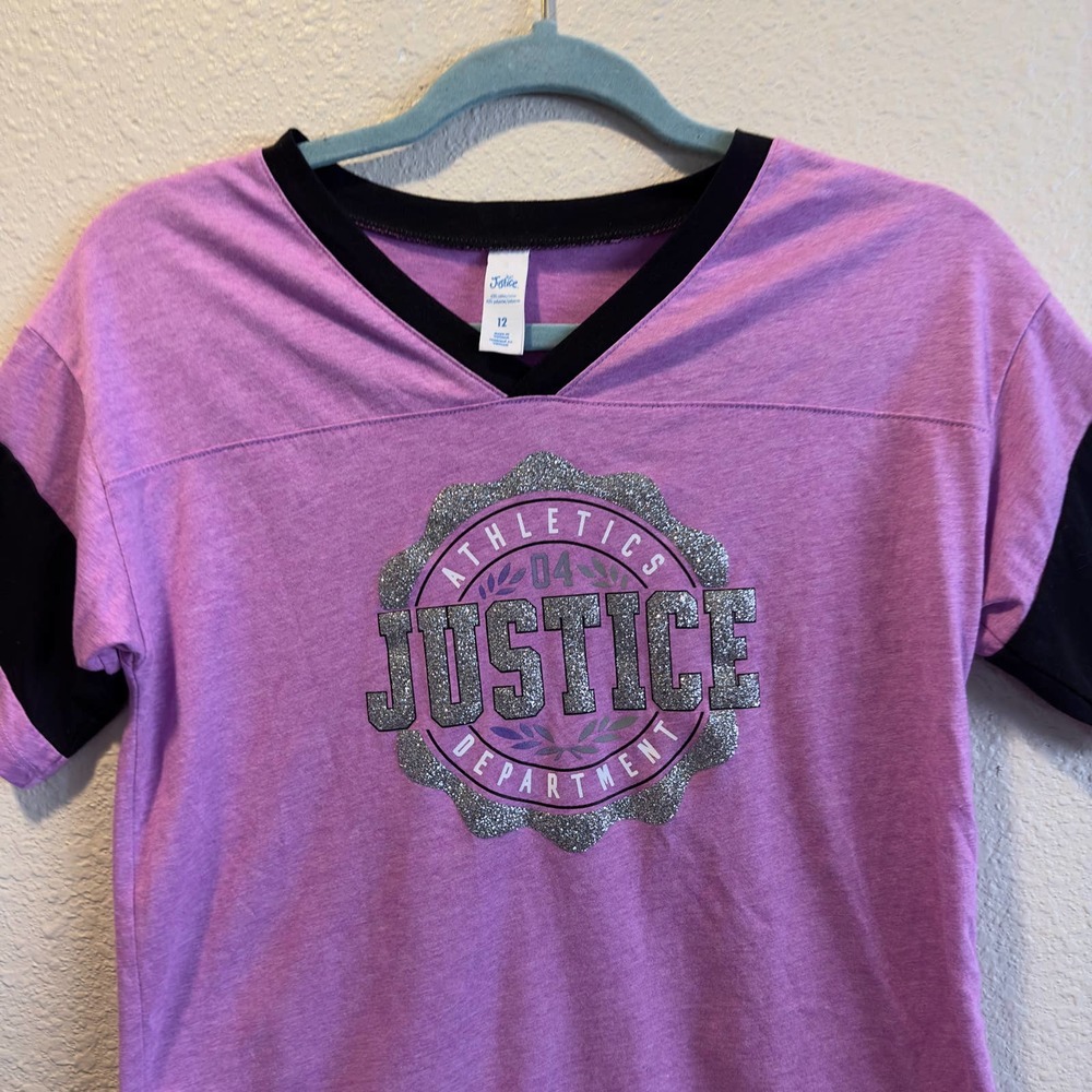 Justice Logo Purple & Silver Glitter T-Shirt Size 12 Short Sleeve Vneck.